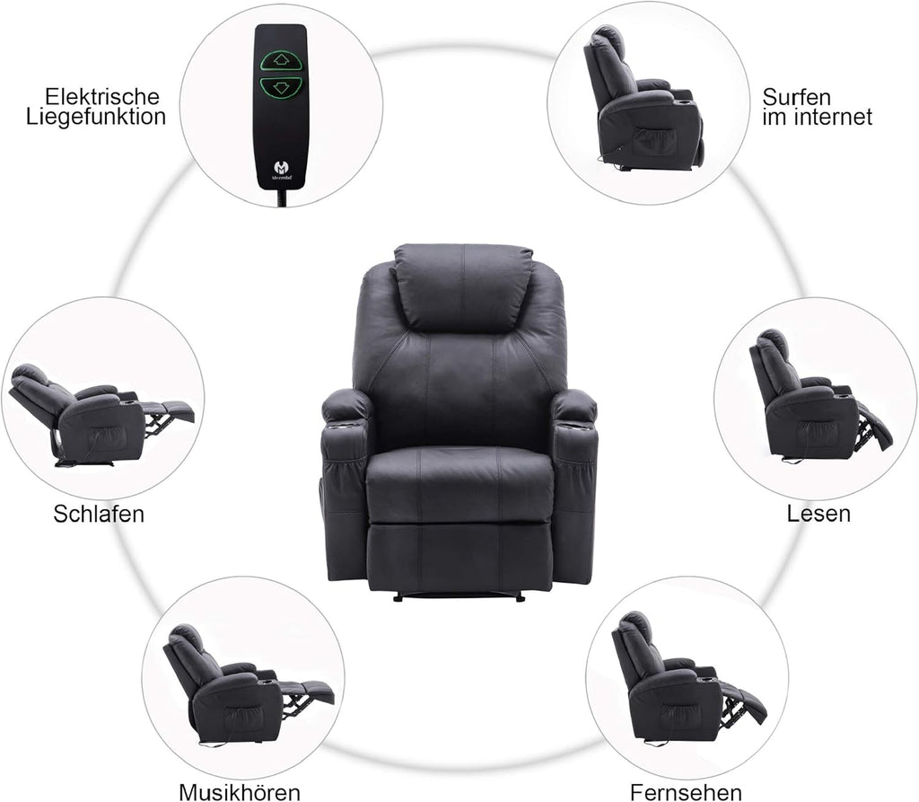 M MCombo Fauteuil Relax électrique Fauteuil de Massage Fauteuil TV Fonction inclinable Vibration Chauffage 7061 Nouveau modèle (Simili Cuir Noir)