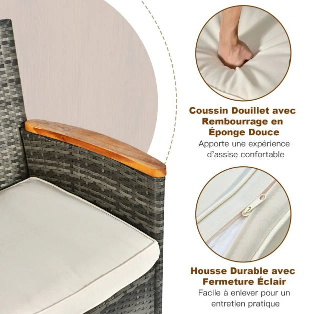 Salon de jardin avec 1 table et 8 chaises en bois et rotin anti-uv pieds rglables et coussins impermables inclus 20_0009211 -