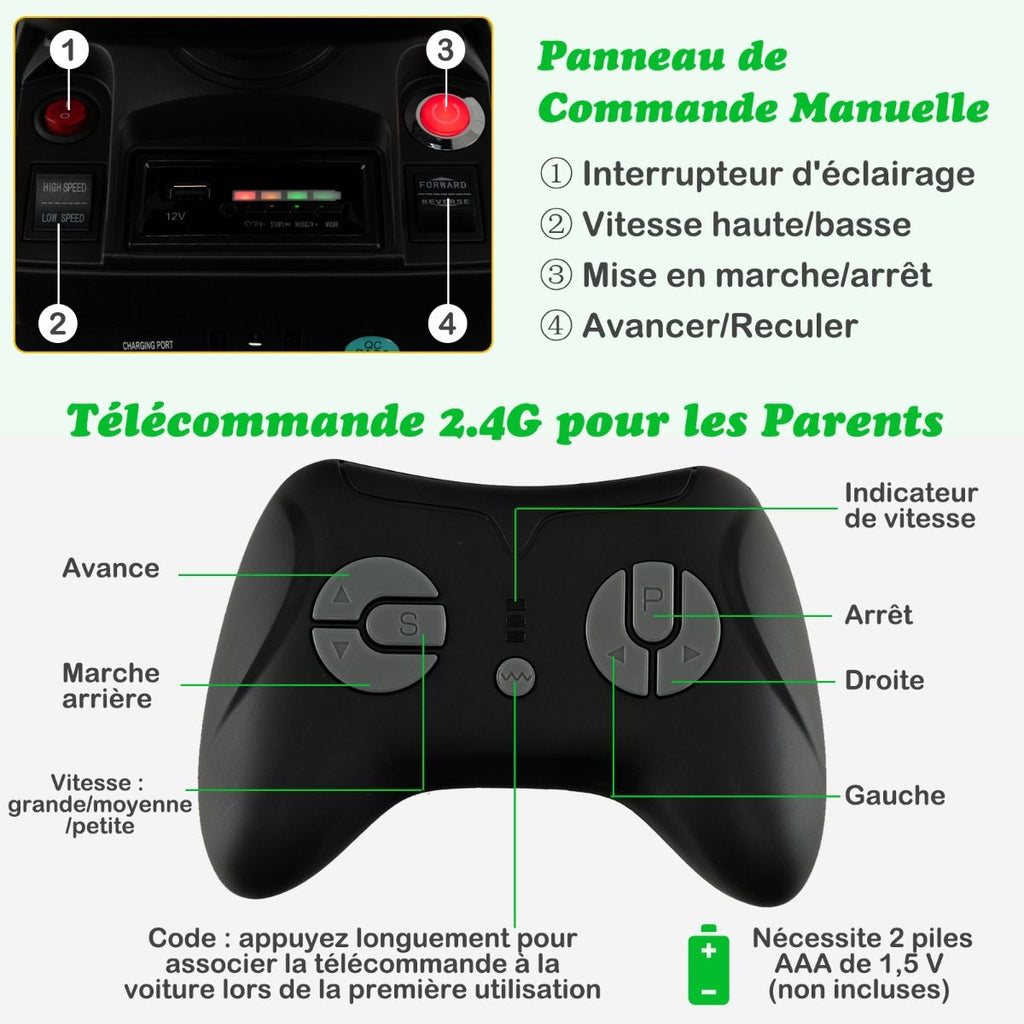 Tracteur Electrique 12 V pour Enfants 3-5 km/h Tlcommande MP3 USB Vert/Jaune -