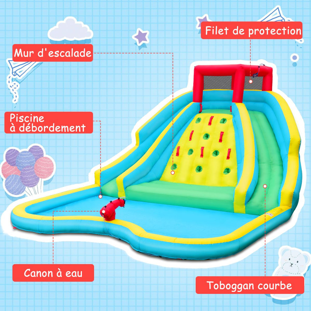 Toboggan Aquatique Gonflable 5 en 1 avec Pataugeoire Aire de Jeux Gonflable en Oxford avec Mur d'Escalade Charge 150kg pour 3-10 Ans (sans Souffleur) -