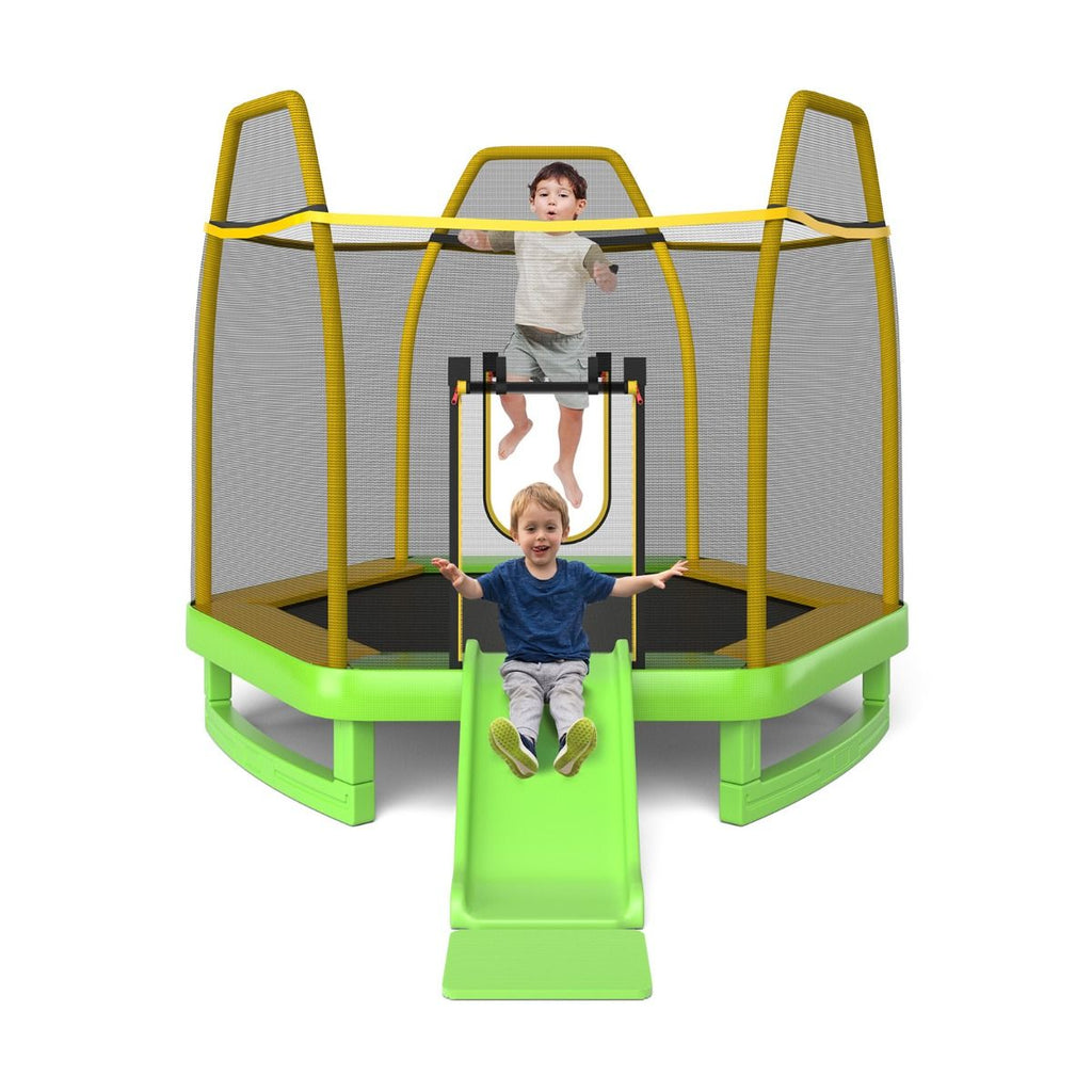 Trampoline Extérieur Ø 223cm avec Toboggan&Echelle avec Filet de Sécurité 2 Portes en U Charge 270kg pour 2-3 Enfants de 3 Ans+ Bleu/Vert -