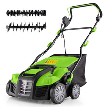 Load image into Gallery viewer, Scarificateur Électrique 2 en 1 de 15A avec Double Interrupteur de Sécurité Réglable Sac de Ramassage 55 L Scarificateur Orange/Vert -