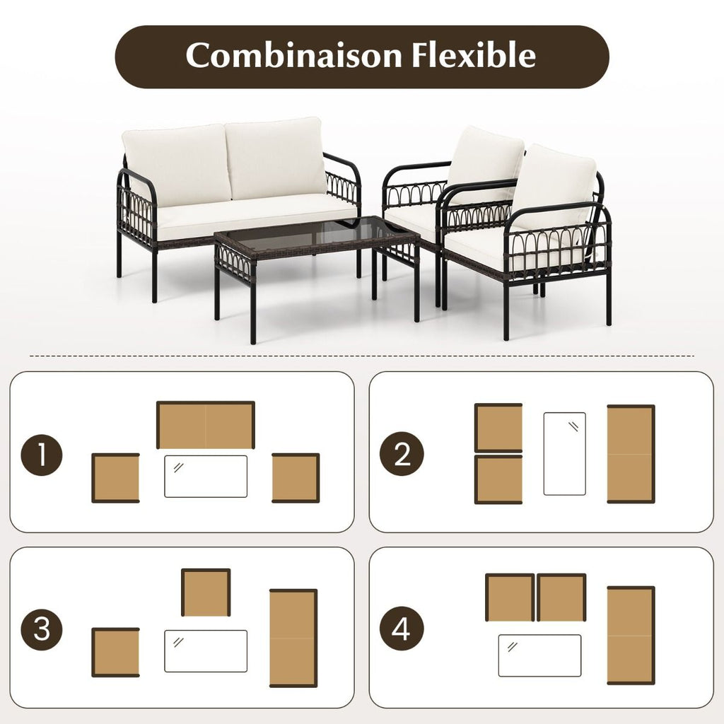 Meubles de Patio 4 Pices en Rotin Charge 180-360KG avec Chaises Causeuse Coussins et Table Basse en Verre Tremp pour Balcon Blanc -