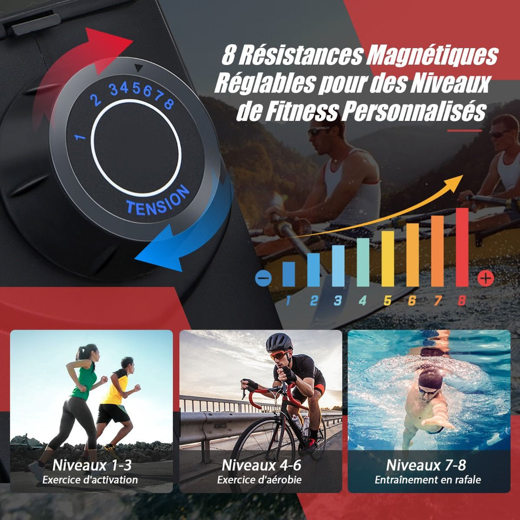 Rameur Magnétique Résistanceà 8 Niveaux Pliable 2 Roues Flexibles Rail Coulissant en Aluminium Ecran LCD Support d'Appareil -