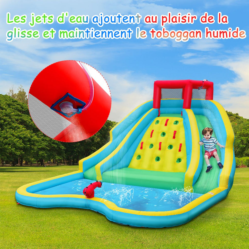 Toboggan Aquatique Gonflable 5 en 1 avec Pataugeoire Aire de Jeux Gonflable en Oxford avec Mur d'Escalade Charge 150kg pour 3-10 Ans (sans Souffleur) -