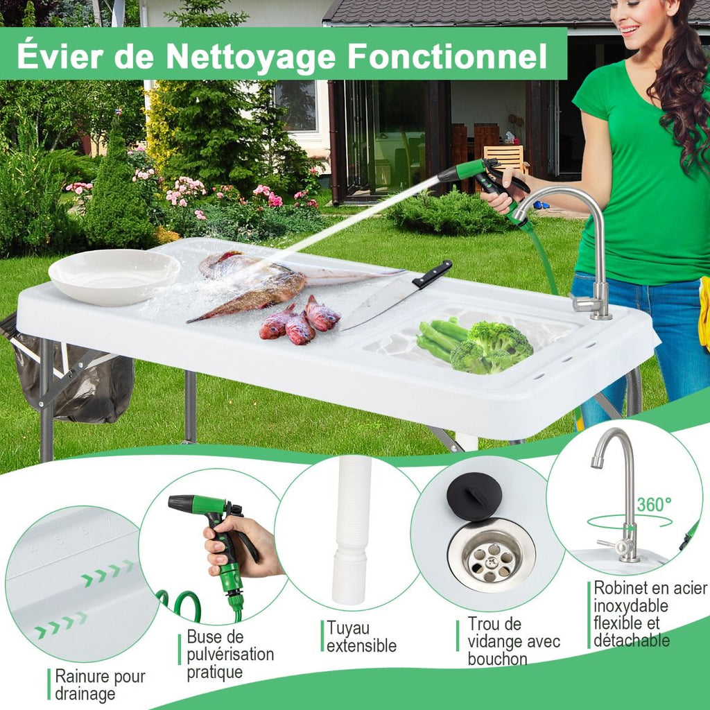 Table de Pêche Pliante avec Robinet Rotatif 360° Table Camping Portable pour Nettoyage Poisson en Acier&HDPE avec Évier et Support de Grille Charge 150KG -