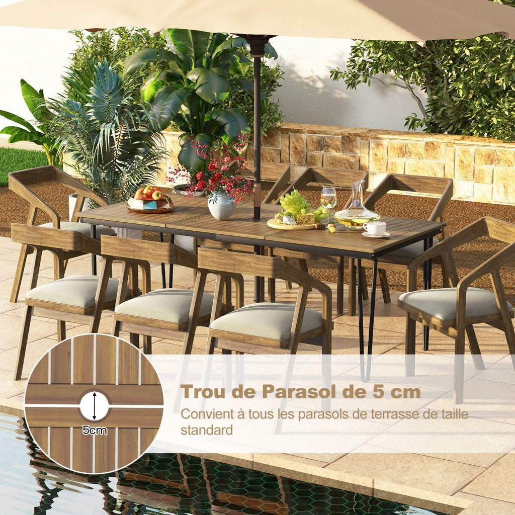 Table pour Jardin de 200 Cm Table d'extérieur pour 8 Personnes avec Trou pour Parasol de 5 Cm Pieds en Métal et Repose-pied Réglables -