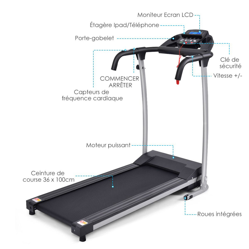 Tapis de Course Électrique Pliable avec Écran et Moniteur de Fréquence Cardiaque avec Vitesse de 1 à 10 km/h et 12 Programmes Noir -