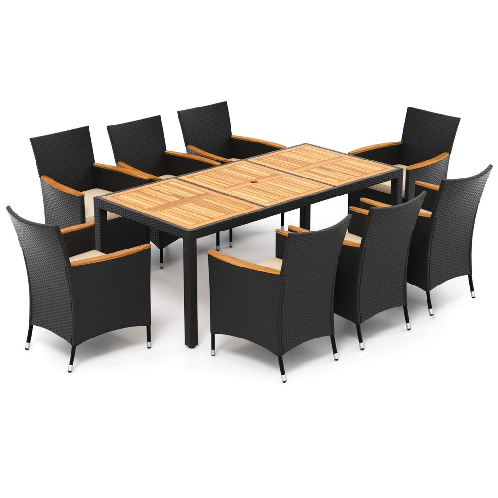 Salon de Jardin en Rotin 9 Pices Plateau de Table en Acacia Ensemble de Salle  Manger avec Coussins Amovibles Trou Charge 180KG Beige+Noir -