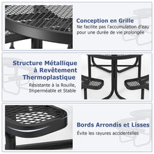 Load image into Gallery viewer, Table de Pique-Nique Ronde avec 4 Bancs Intégrés pour 8 Personnes Table de Camping en Métal avec Sièges et Trou pour Parasol 202x75cm Noir -