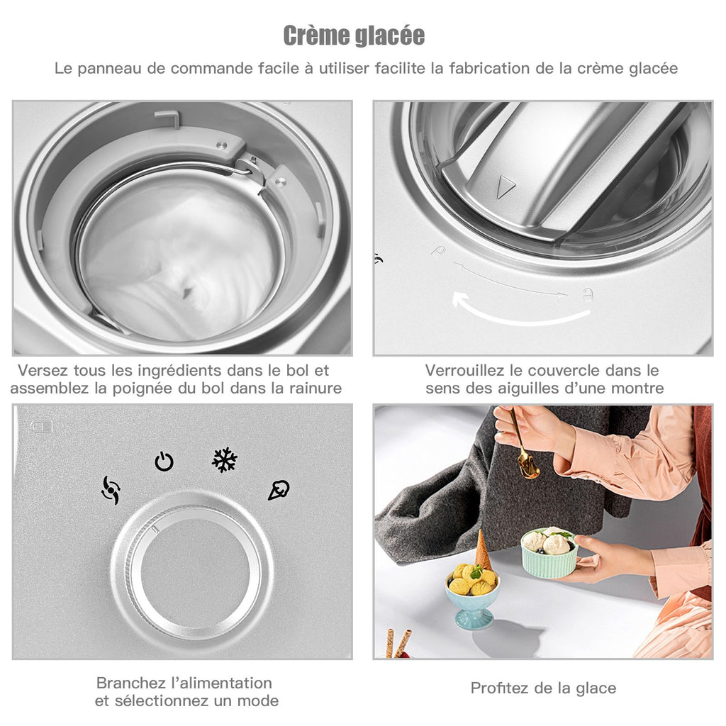 Sorbetire Turbine  Glace 1L Puissance 100W  Compresseur avec Cuillre 3 Modes de Fonctionnement Argent -