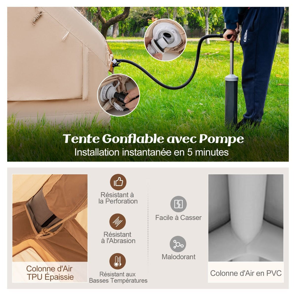 Tente de Camping Gonflable 6 m² pour 4-6 Personnes Tente en Coton Coupe-vent et Imperméable avec Pompe 7 Fenêtres à Moustiquaire Beige -