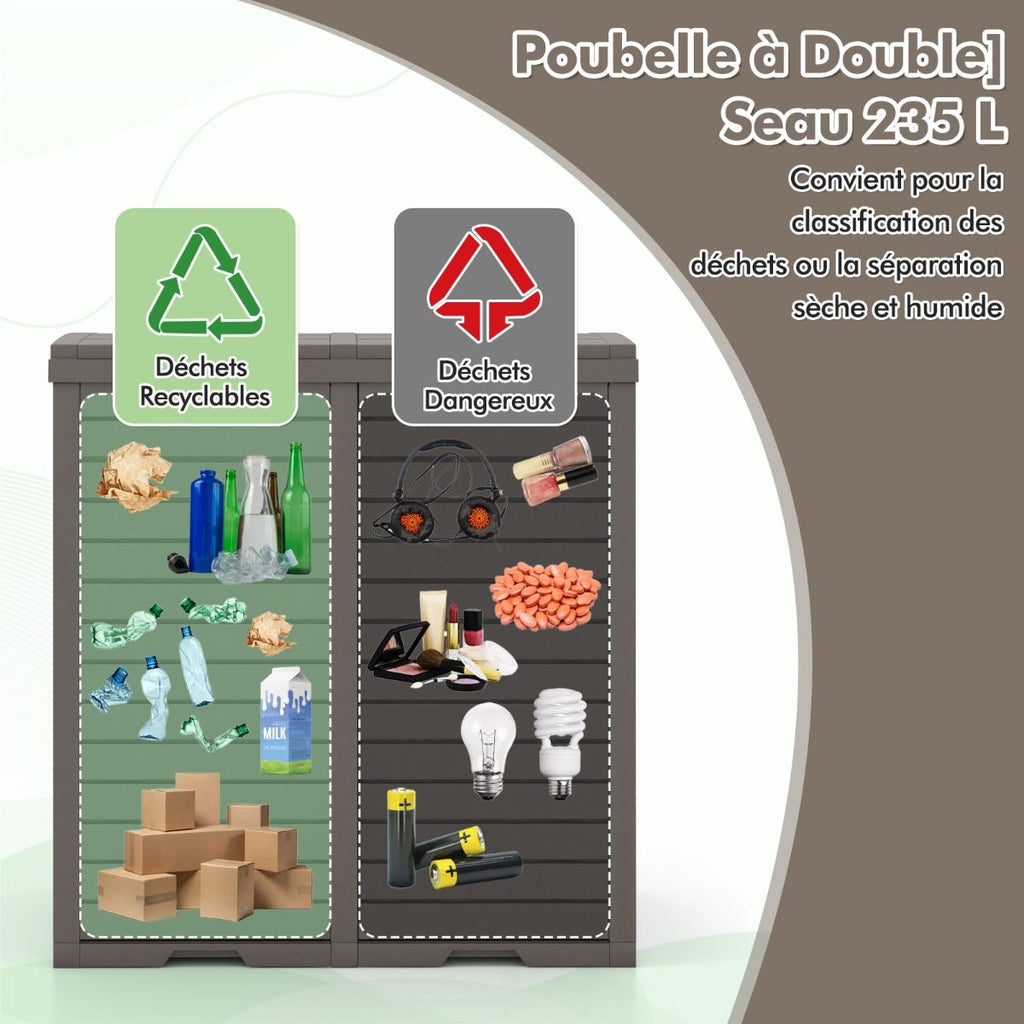 Poubelle d'Extérieur 135 L Poubelle Etanche à Double Seau Couvercle à Plusieurs Niveaux Bac d'Egouttage Poignée Découpée Poubelle Marron -