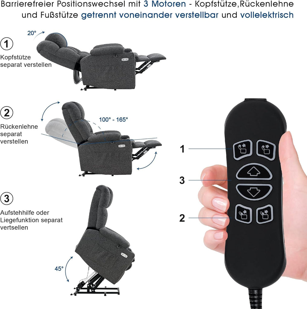 MCombo 7546 Fauteuil de Relaxation électrique avec 3 Moteurs réglables séparément