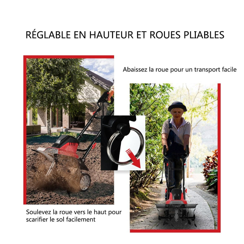 Motobineuse Motoculteur Électrique 1500W Profondeur Travail 22CM Largeur 43CM avec Poignée Pliable Roues Réglables 6 Lames -