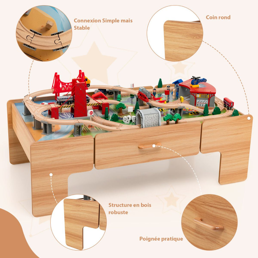 Table Circuit Train en Bois 100 Accessoires avec Tiroir de Rangement Jouet Educative pour Enfants 3 Ans + -