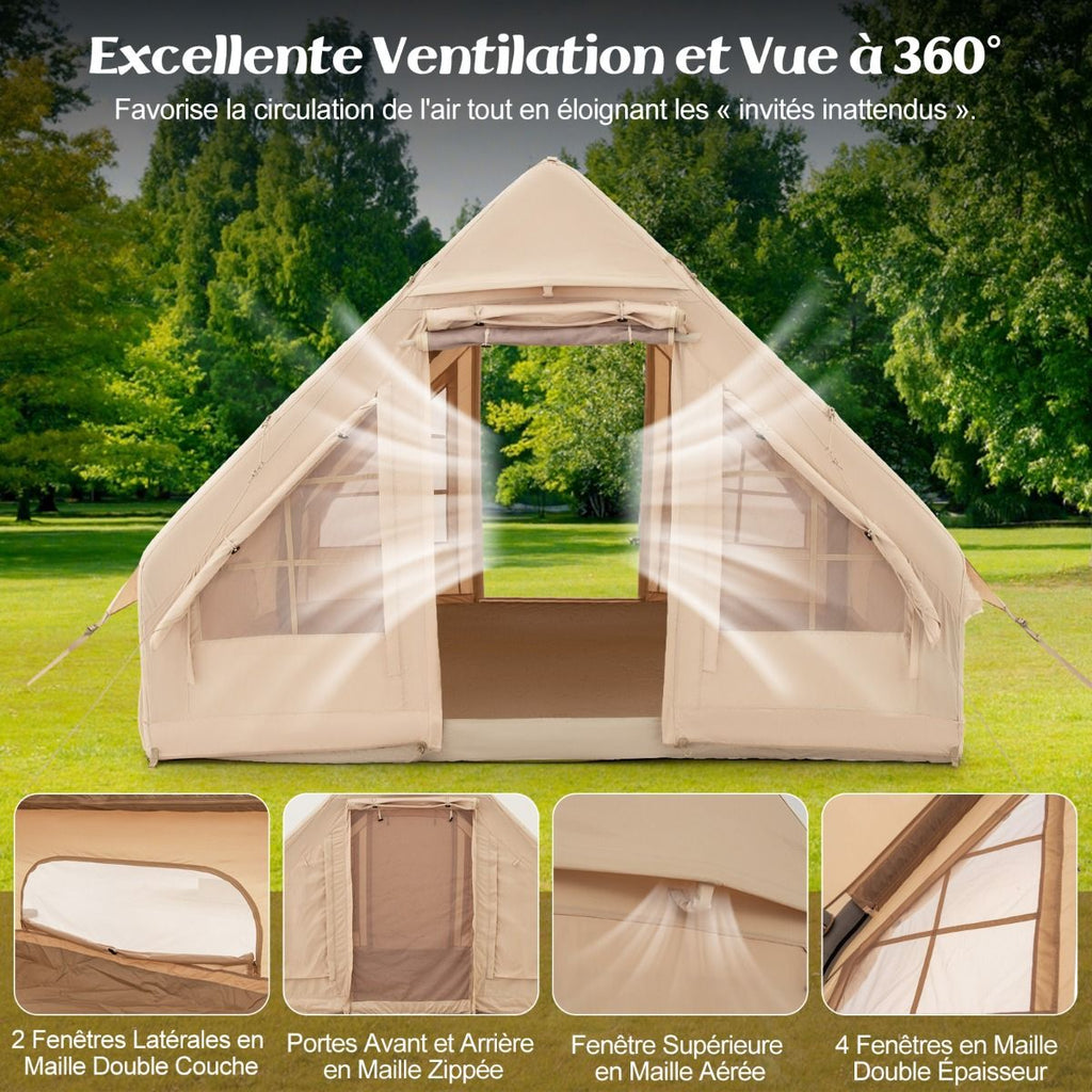 Tente de Camping Gonflable 6 m² pour 4-6 Personnes Tente en Coton Coupe-vent et Imperméable avec Pompe 7 Fenêtres à Moustiquaire Beige -