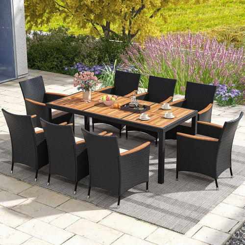 Salon de Jardin en Rotin 9 Pices Plateau de Table en Acacia Ensemble de Salle  Manger avec Coussins Amovibles Trou Charge 180KG Beige+Noir -