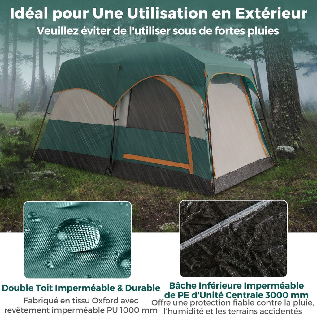 Tente de Camping pour 6 Personnes avec 2 Pièces Tente Double Couchage Double Toit Bâche en Pe Fenêtres en Maille Imperméable avec Sac de Transport Vert -