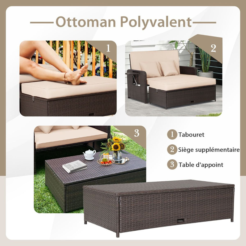 Salon de Jardin Extérieur Ajustable à Lit,2 Place avec Stockage Caché,Dossier Réglable à 4 Niveaux en Rotin PE -