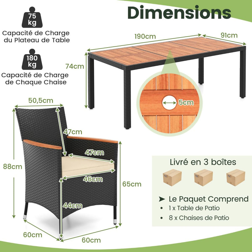 Salon de Jardin en Rotin 9 Pièces Plateau de Table en Acacia Ensemble de Salle à Manger avec Coussins Amovibles Trou Charge 180KG Beige+Noir -