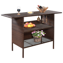 Load image into Gallery viewer, Table de Bar de Jardin en Rsine Tresse avec 2 Etagres de Rangement 2 de Rails pour Porte-Verres Marron -