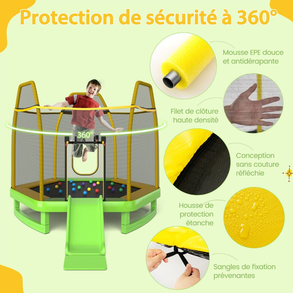 Trampoline Extérieur Ø 223cm avec Toboggan&Echelle avec Filet de Sécurité 2 Portes en U Charge 270kg pour 2-3 Enfants de 3 Ans+ Bleu/Vert -