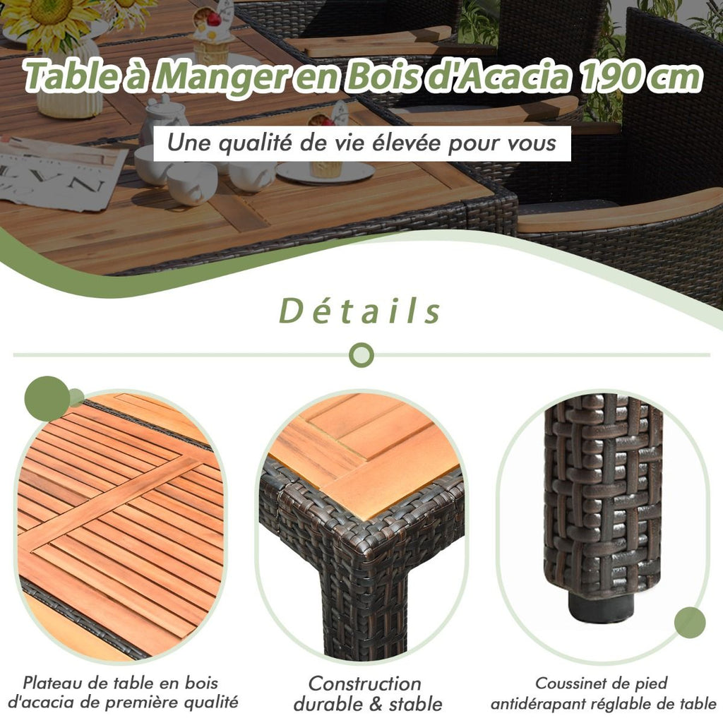 Salon de Jardin en Rotin 9 Pièces pour 8 Personnes Plateau de Table en Acacia Ensemble de Salle à Manger avec Coussins Amovibles Charge 160KG -