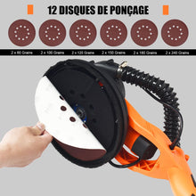 Load image into Gallery viewer, Ponceuse à Plâtre Murale 750W Ø 225mm Aluminium 6 Vitesses Variables Lumières LED Manche Télescopique 12 Disques Abrasifs -