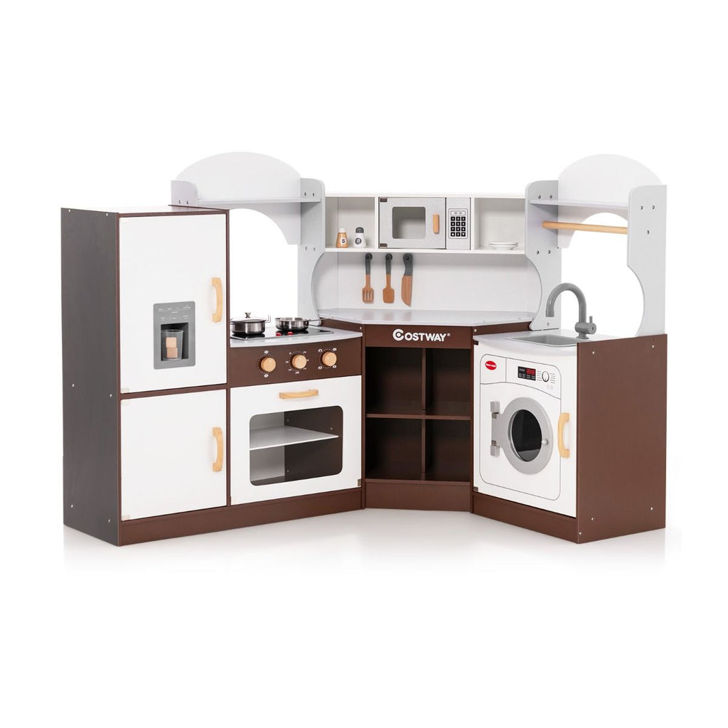 Jeu de Cuisine d'Angle pour Enfants de 3 Ans et Plus en Bois Machine à Glaçons Porte-serviettes Accessoires Effets Sonores et Lumineux -