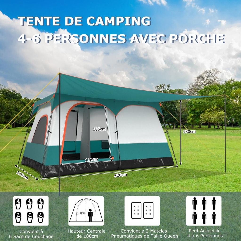 Tente de Camping pour 6/8/10 Personnes avec Auvent Grande Tente Familiale avec 2 Chambres 2 Portes 2 Fenêtres en Maille Vert -