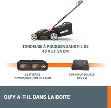 Load image into Gallery viewer, Pack Pro+ Tondeuse à Gazon 40V 460m² + Coupe-Bordures 20V + 2 Batteries 4Ah et 1 Batterie 2Ah + Chargeur Double et Chargeur Simple (Idéal pour l'Entretien du Jardin)
