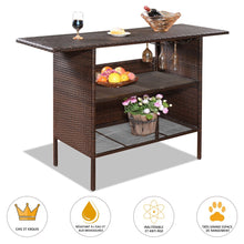 Load image into Gallery viewer, Table de Bar de Jardin en Résine Tressée avec 2 Etagères de Rangement 2 de Rails pour Porte-Verres Marron -