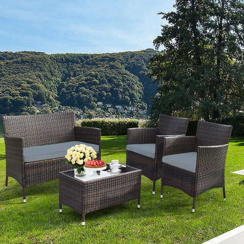 Salon de Jardin 4 PCS Mobilier de Terrasse en Rotin PE pour Vranda Patio Terrasse Piscine Marron et Gris -